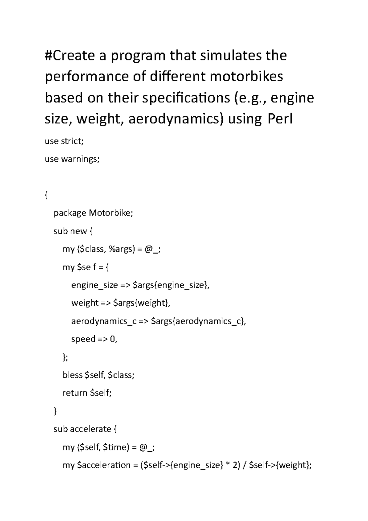 Motorbikes based on their specifications-perl - #Create a program that ...