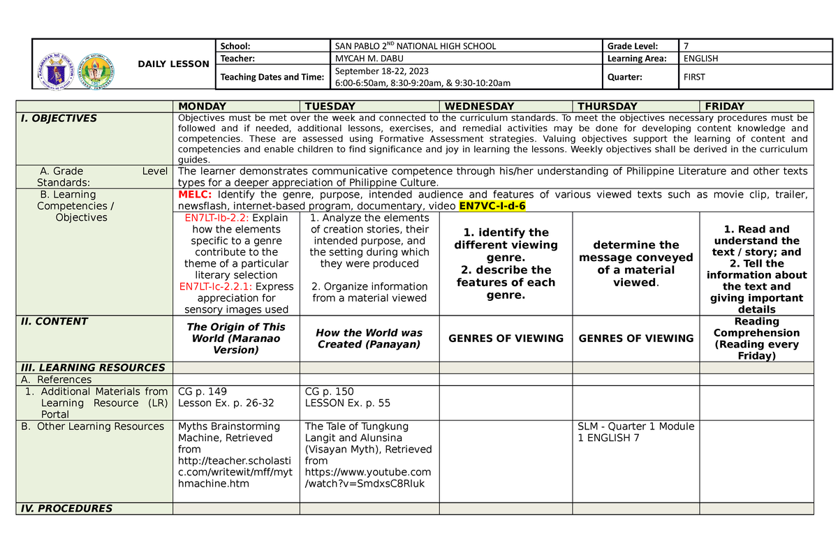 English DLL 7 Q1 M2 - Graduated - DAILY LESSON LOG School: SAN PABLO ...