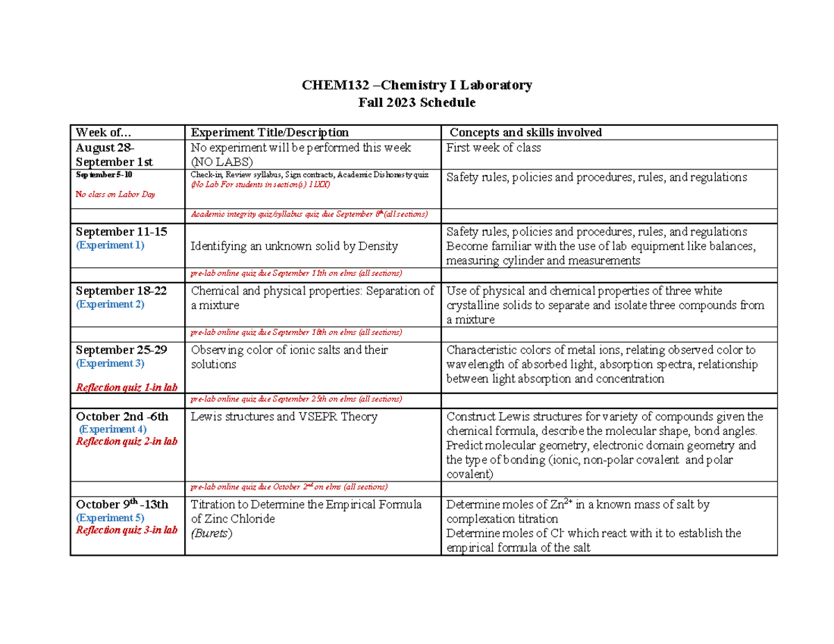CHEM132 Fall 2023 Lab Schedule - CHEM132 – Chemistry I Laboratory Fall ...