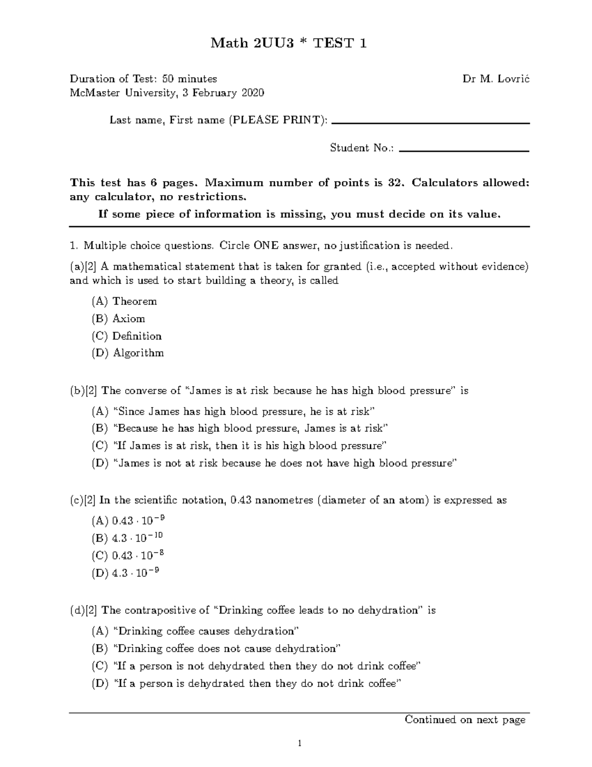 Winter 2020 - Math 2UU3 * TEST 1 Duration of Test: 50 minutes Dr M ...