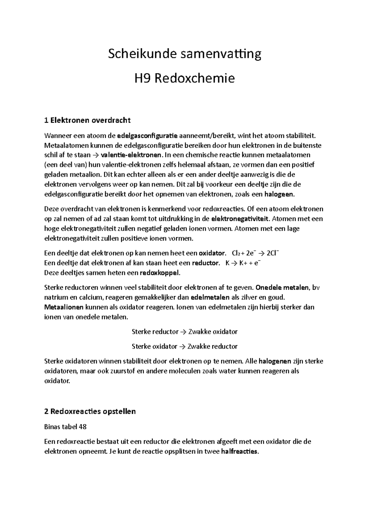 Scheikunde Samenvatting H9 - Scheikunde Samenvatting H9 Redoxchemie 1 ...