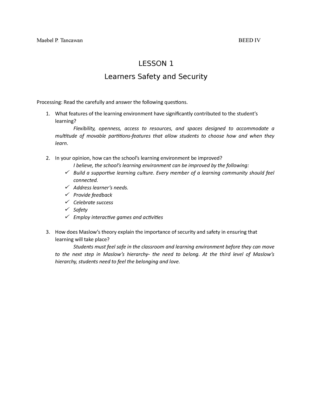 Lesson 1 – Learners Safety And Security - Maebel P. Tancawan BEED IV ...