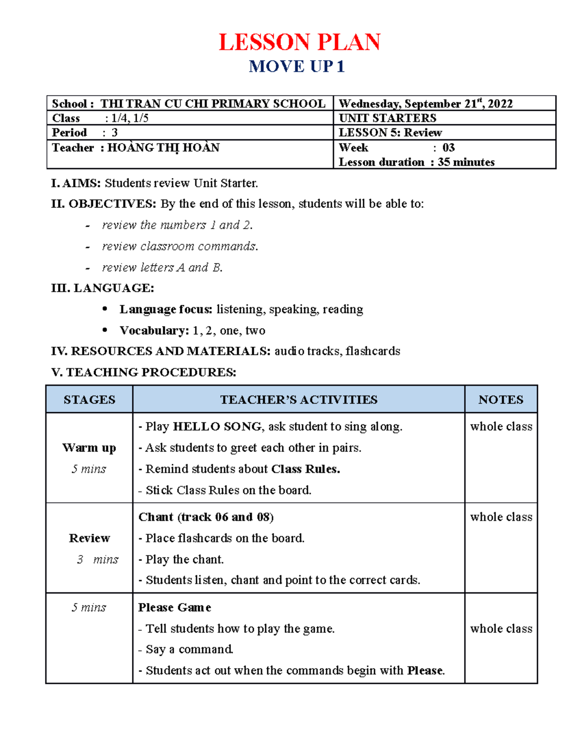 move up 3 lesson plan