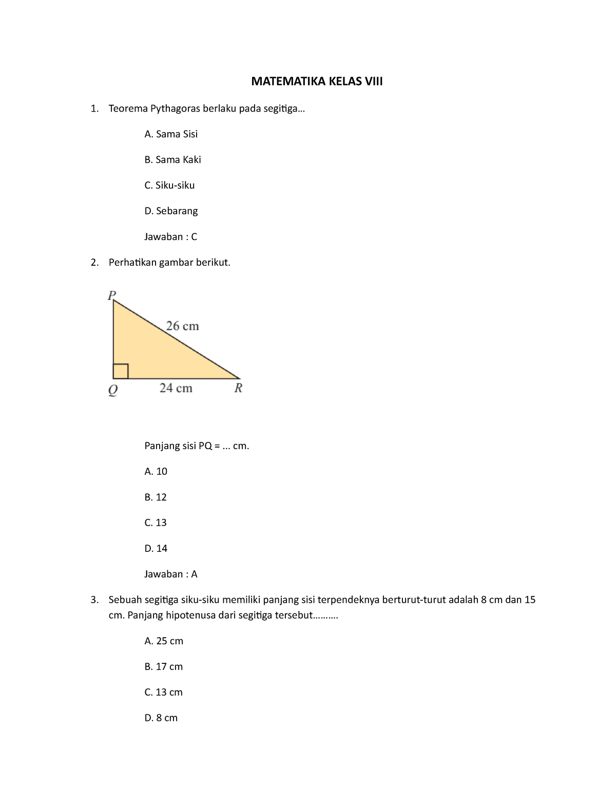 Soal MTK Kls 8 Semester 2 - MATEMATIKA KELAS VIII Teorema Pythagoras ...