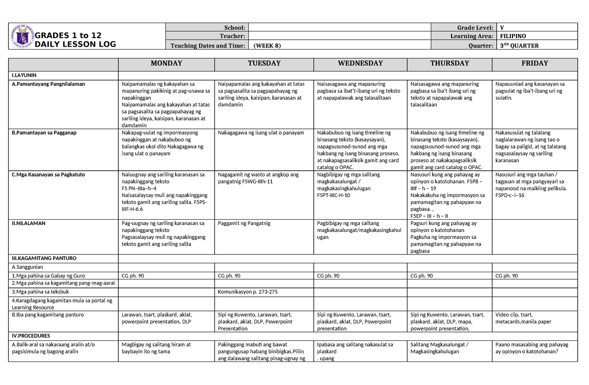 Dll Filipino 5 Q3 W8 None Grades 1 To 12 Daily Lesson Log School Grade Level V Teacher 2620