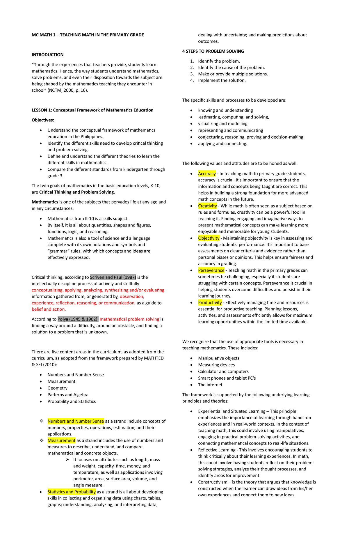 MC MATH 1 Notes - MC MATH 1 – TEACHING MATH IN THE PRIMARY GRADE ...