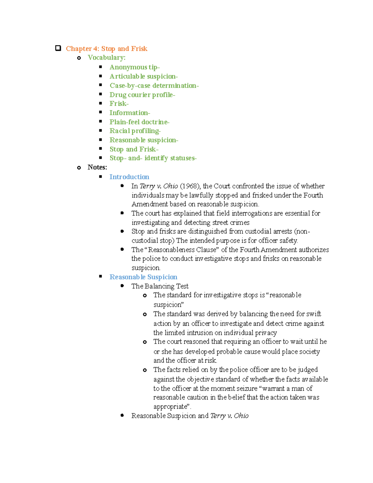 Criminal Procedure Chapter 4 - Chapter 4: Stop And Frisk O Vocabulary ...