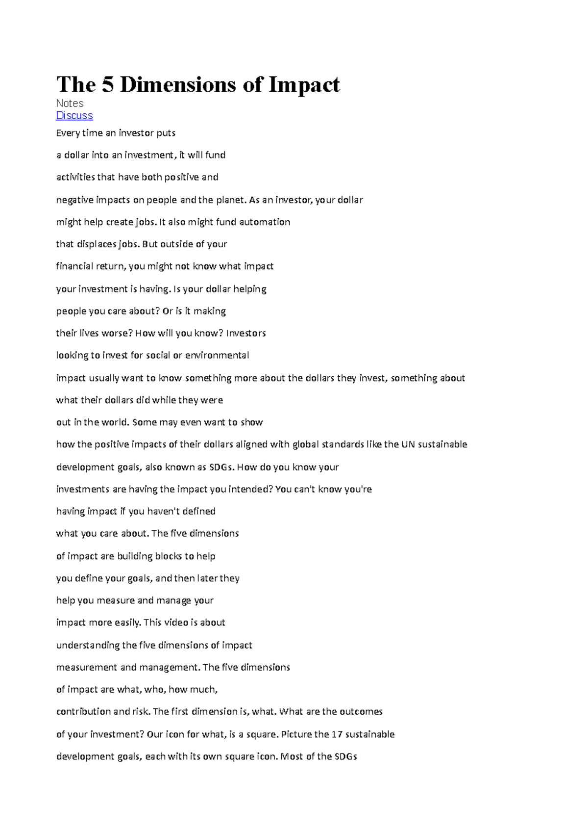 The 5 Dimensions of Impact The 5 Dimensions of Impact Notes Discuss