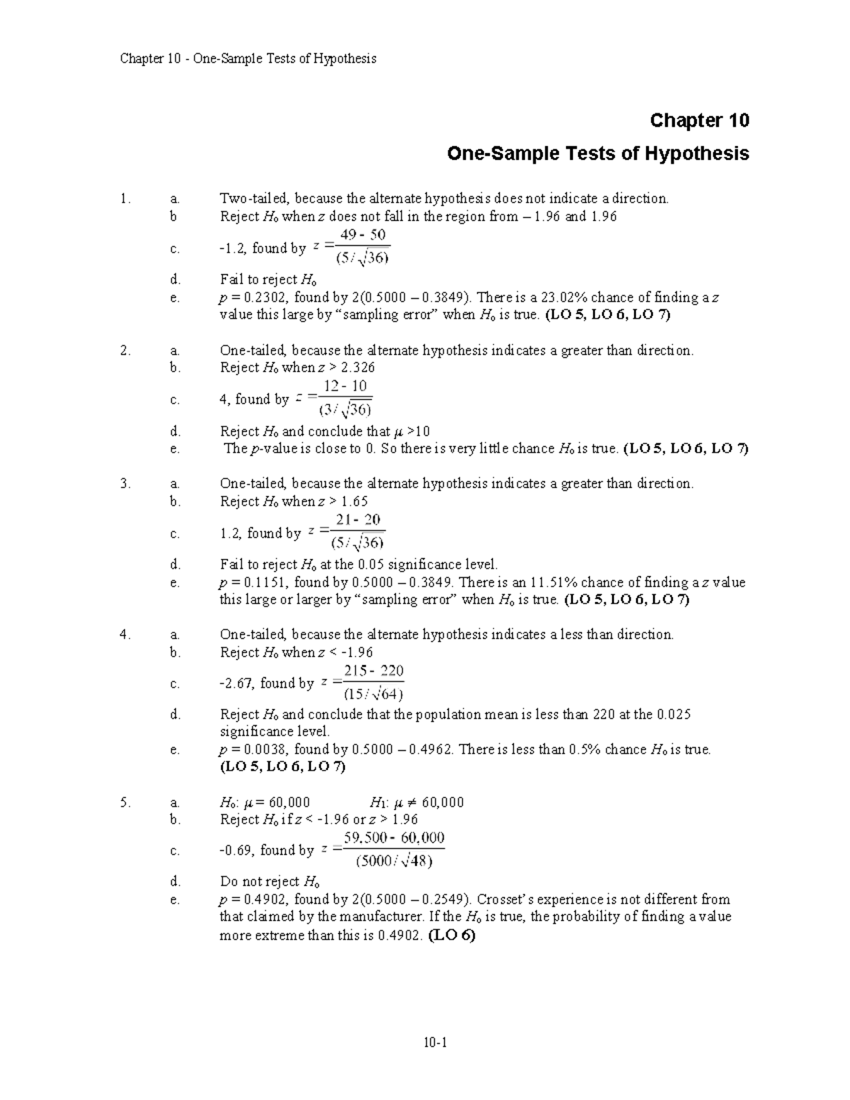 Bus 15 chapter 10 One-Sample Test of Hypothesis - Chapter 10 One-Sample ...