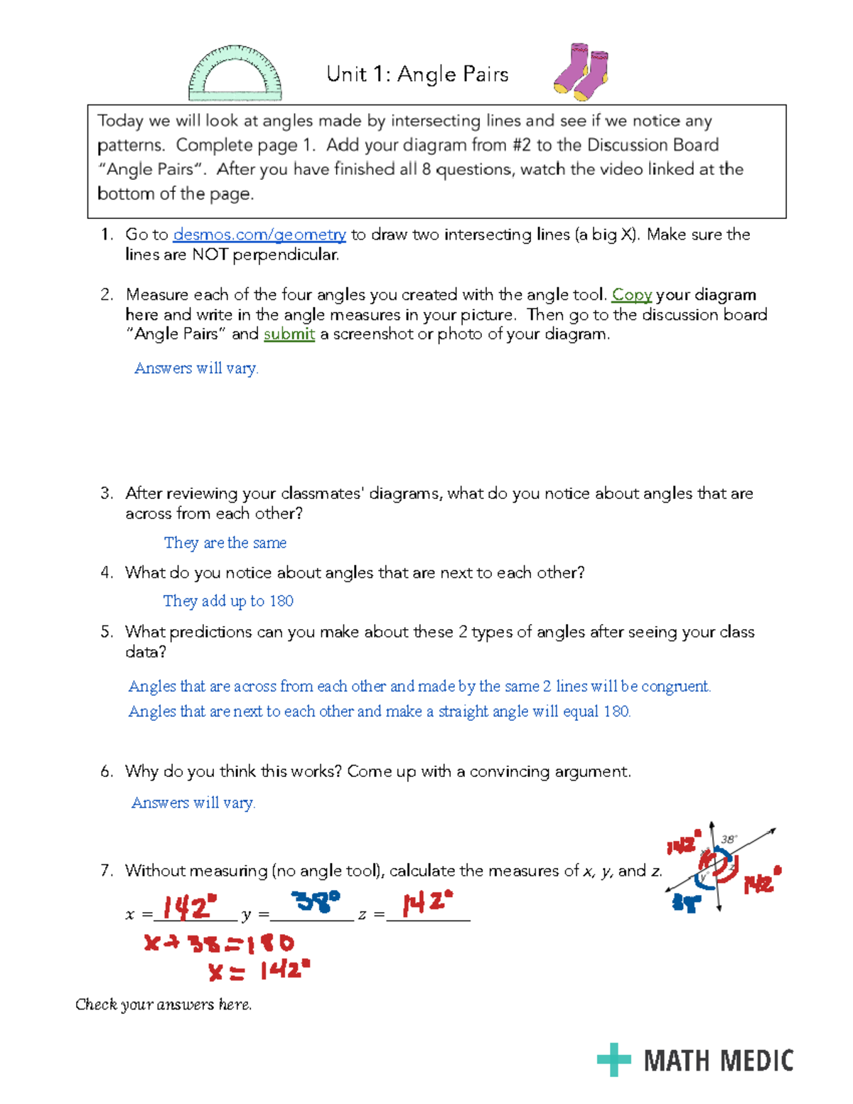 Geom Unit 1 Lesson 8 - Angle Pairs ANS KEY - Unit 1: Angle Pairs 1. Go ...