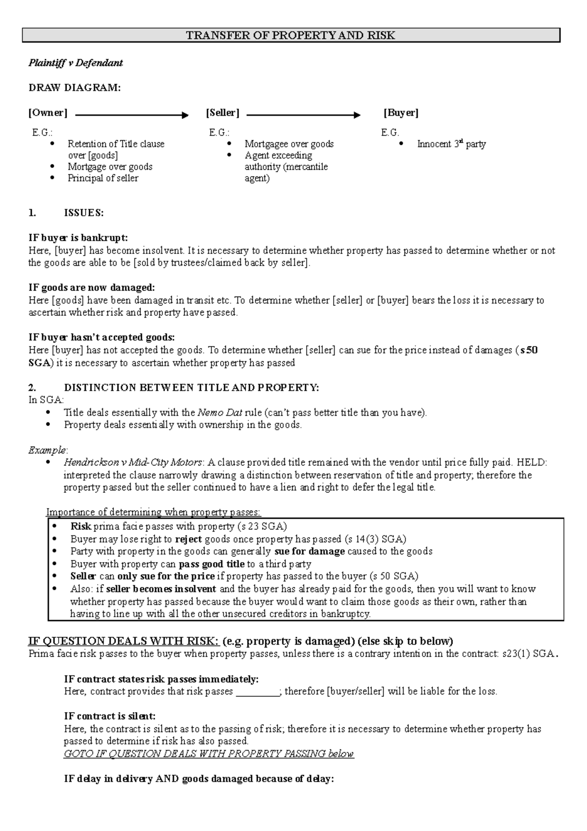 Lecture notes, lecture 7-8, transfer of property and risk - TRANSFER OF ...
