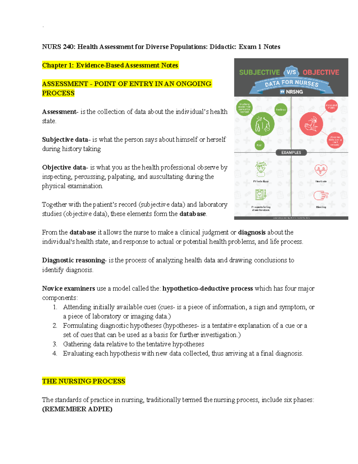 Copy of NURS 240 Health Assessment Exam 1 Notes - NURS 240: Health ...