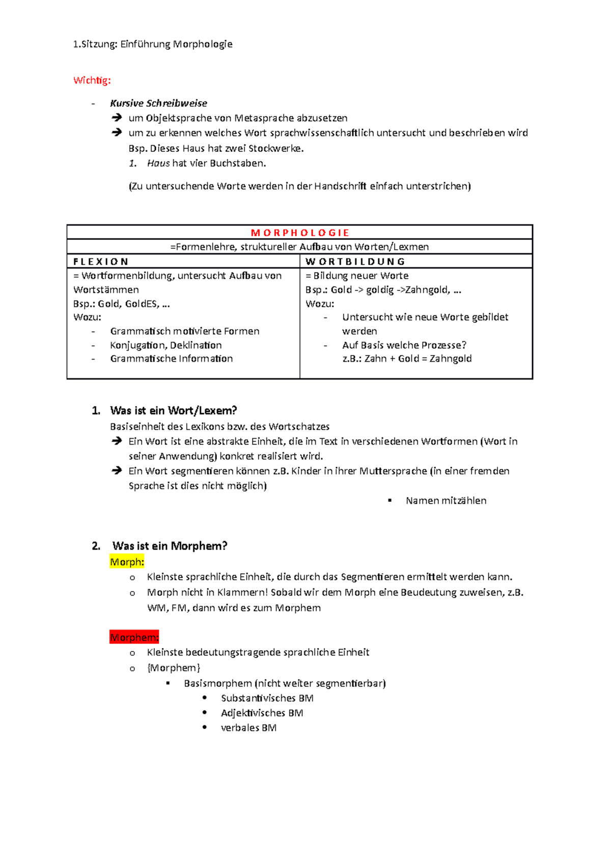 Zusammenfassung Sprawi Seminar Sitzung 1 Morphologie 1 WS1718 - 1 ...