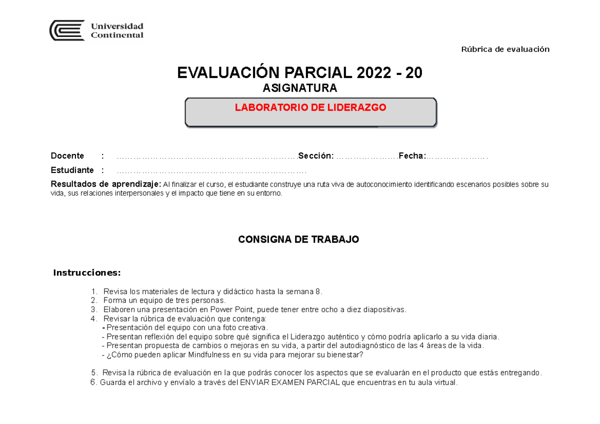 Evaluación Parcial 2022 M - Rúbrica De Evaluación EVALUACIÓN PARCIAL ...