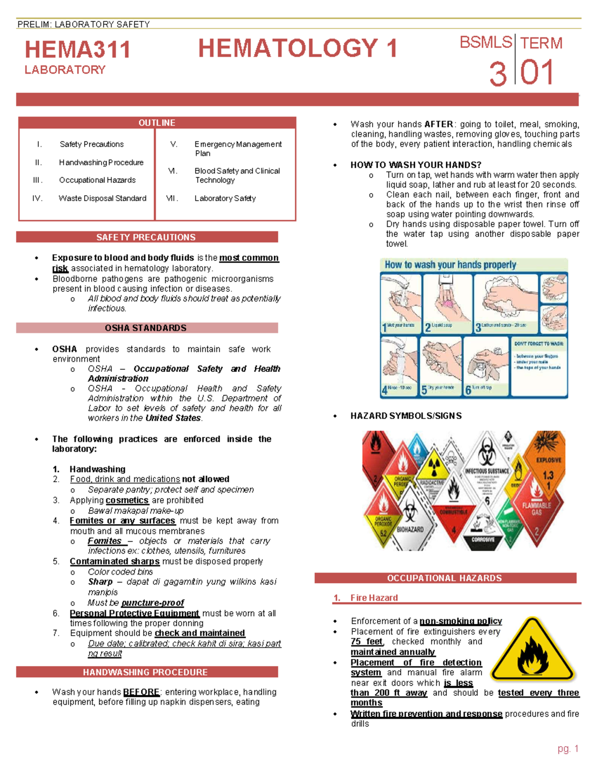 Week 1 Hematology Lab safety - PRELIM: LABORATORY SAFETY HEMA ...