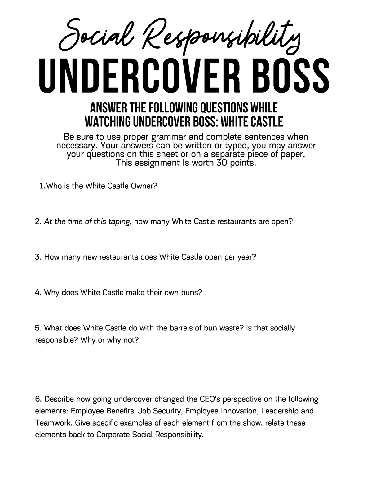 Undercover Boss Social Responsibility Worksheet 1 Social