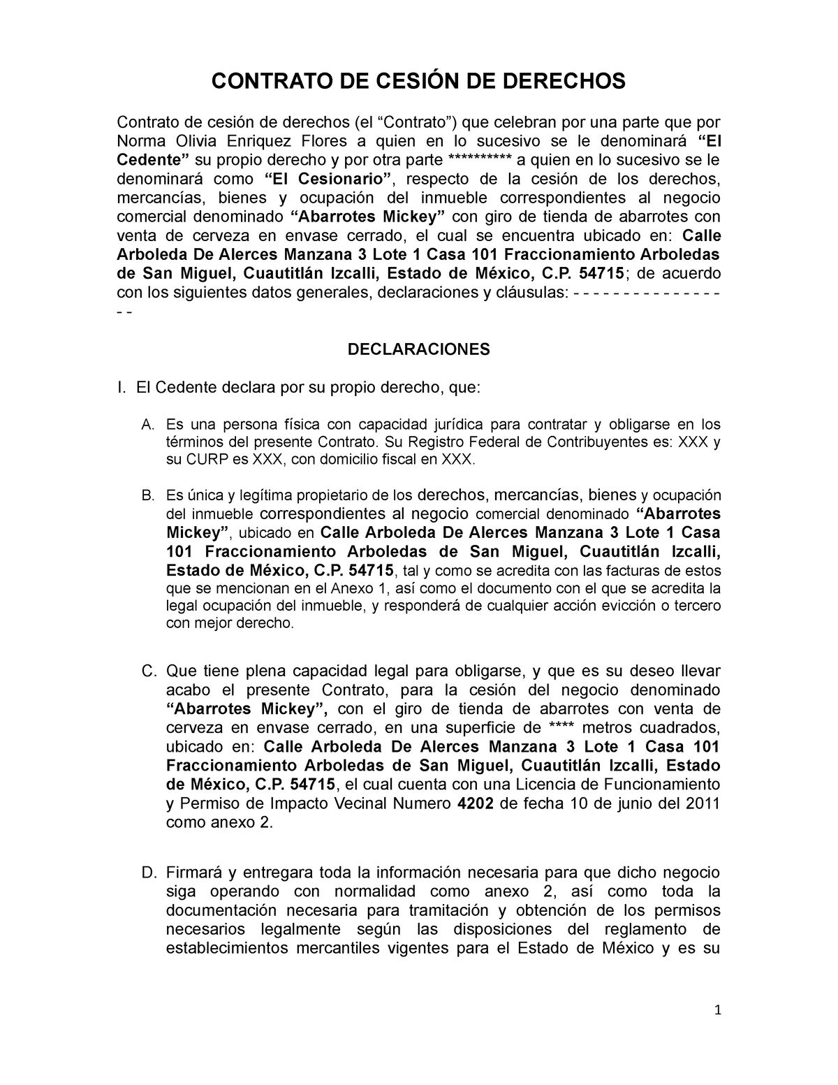 Contrato De Cesion Contrato De CesiÓn De Derechos Contrato De Cesión De Derechos El “contrato 7007