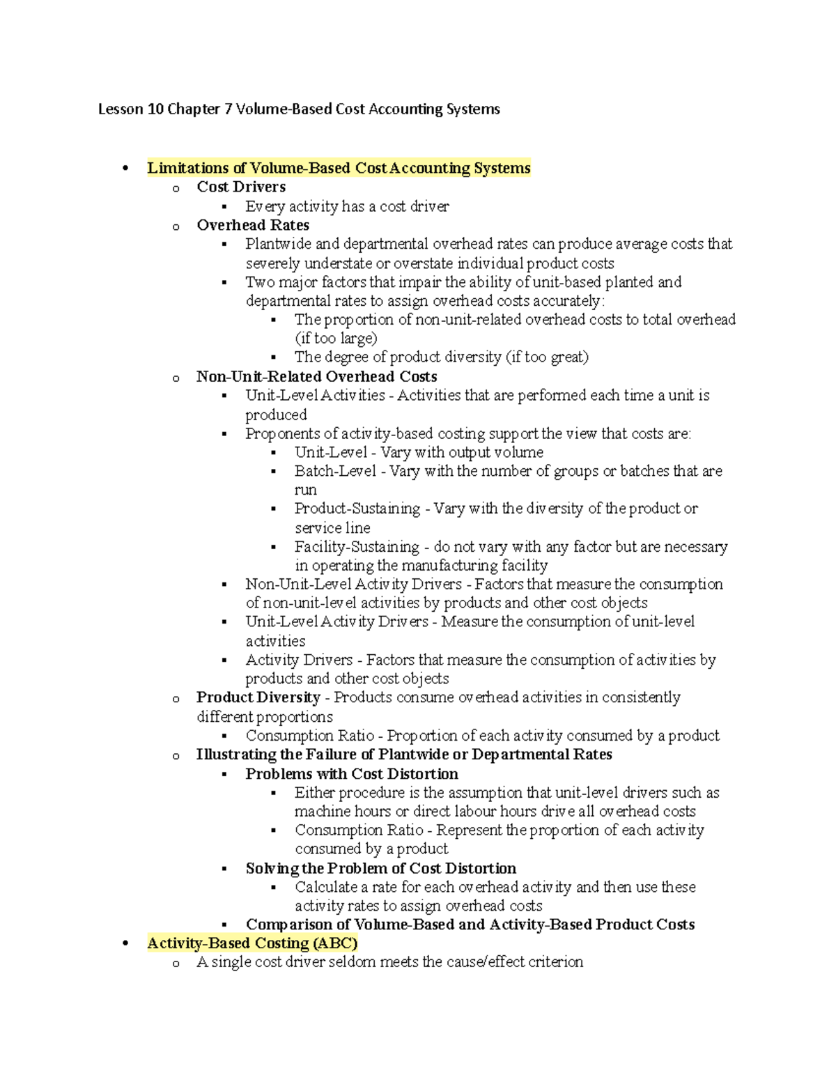 Managerial Accounting Chapter 7-13 Notes - Lesson 10 Chapter 7 Cost ...