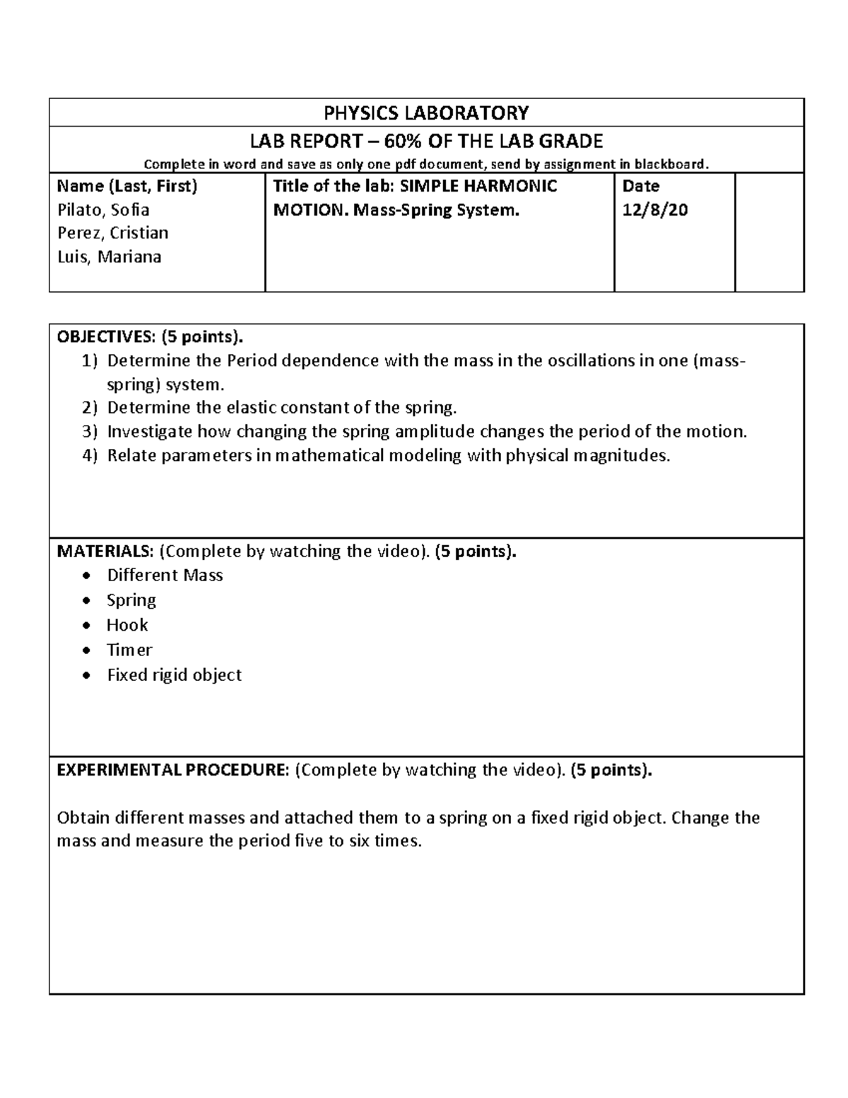 Simple Harmonic Motion Lab 10 PHYSICS LABORATORY LAB REPORT 60 OF