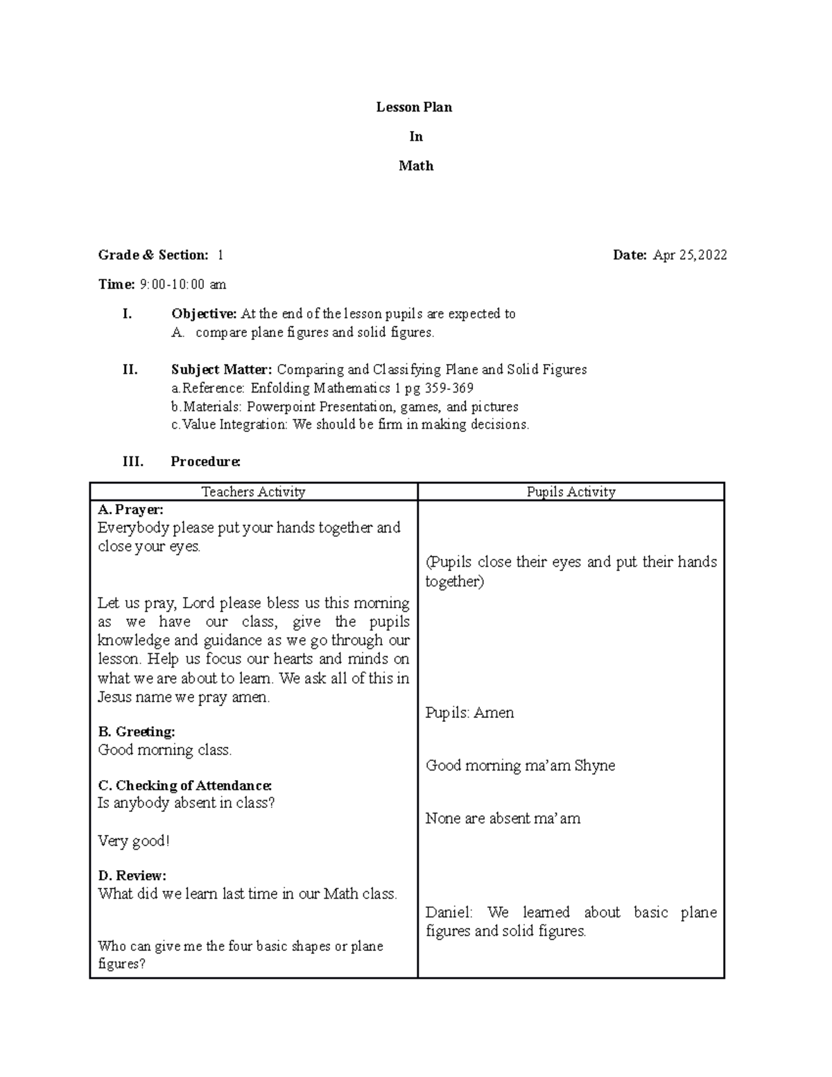 MATH 1 WEEK 4 - learn math - Lesson Plan In Math Grade & Section: 1 ...