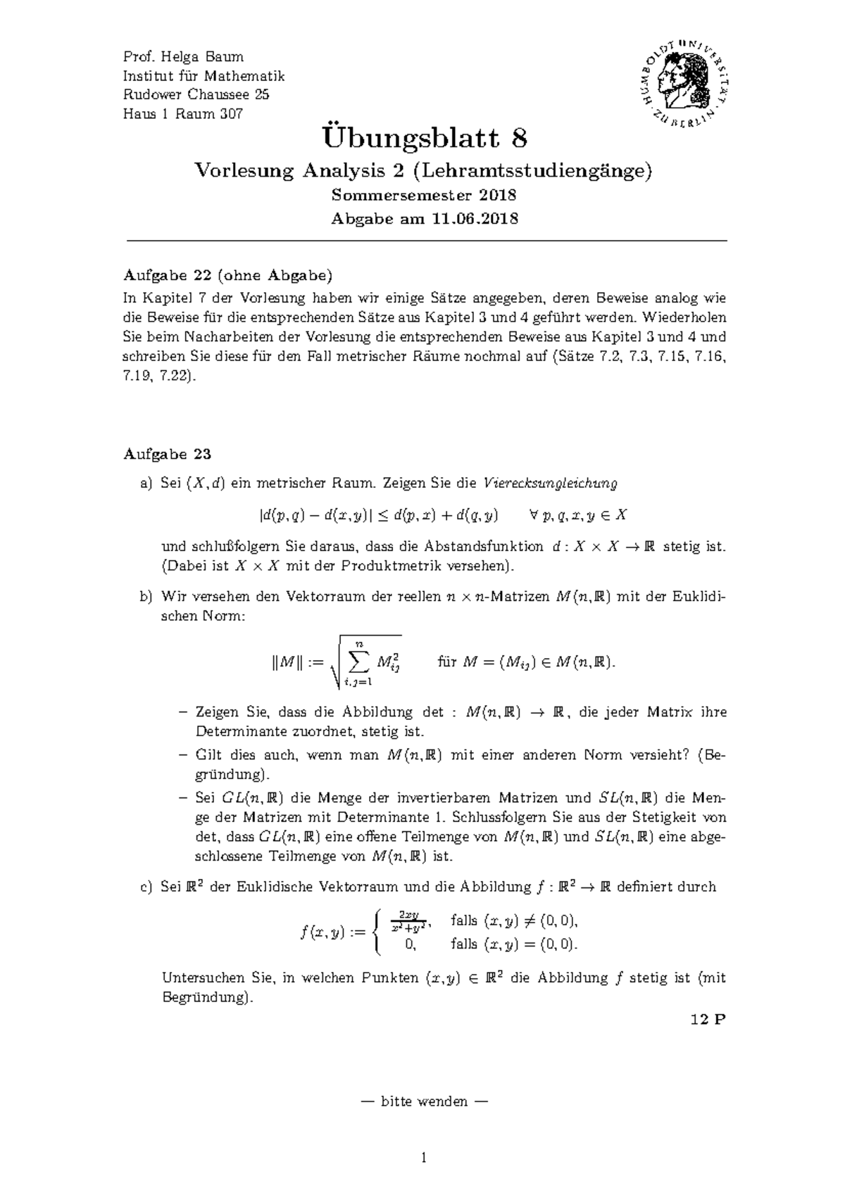 UA Ana II SS18 08 - Übungsplatz Zur Analysis 2 - Prof. Helga Baum ...