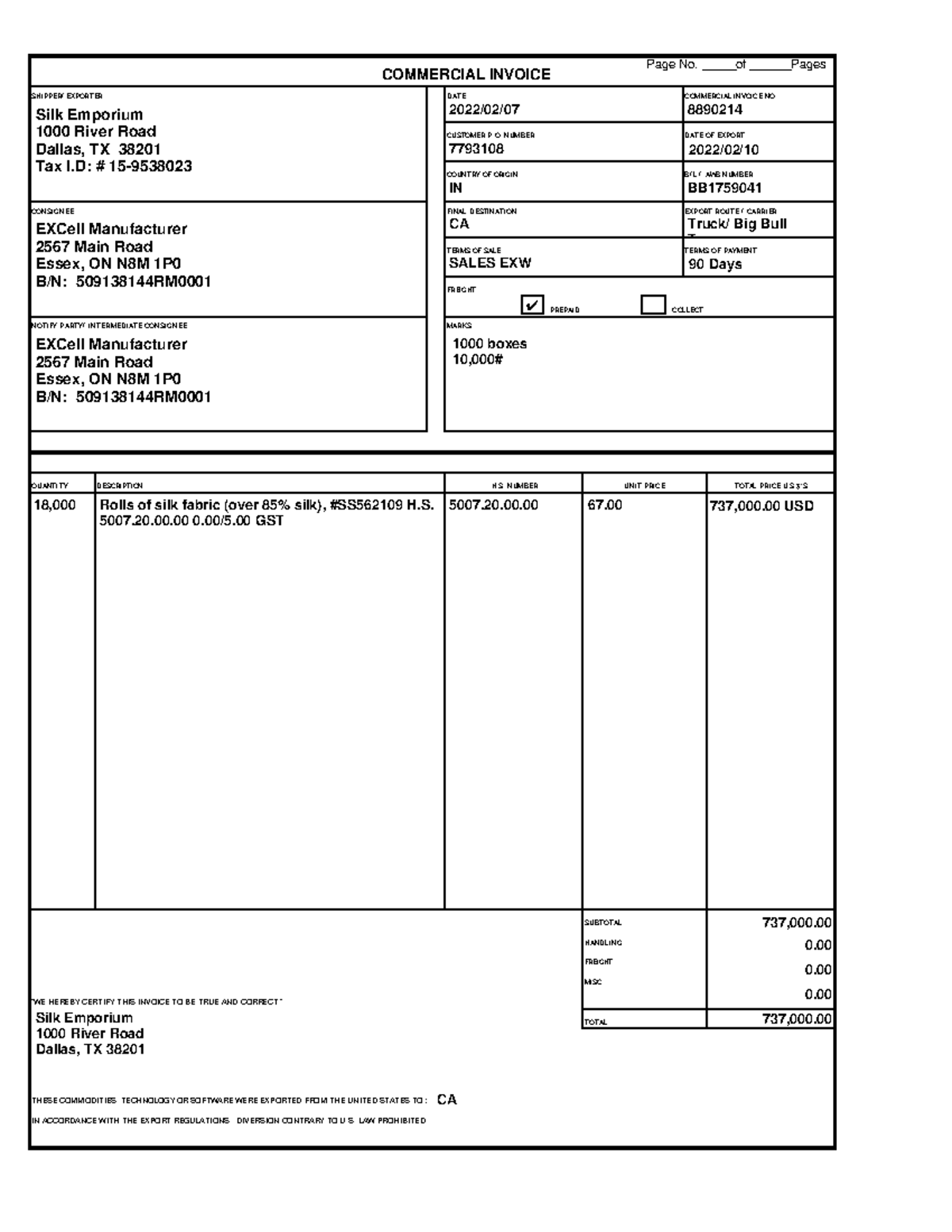 CI - Form - Page No. _____of ______Pages COMMERCIAL INVOICE SHIPPER ...