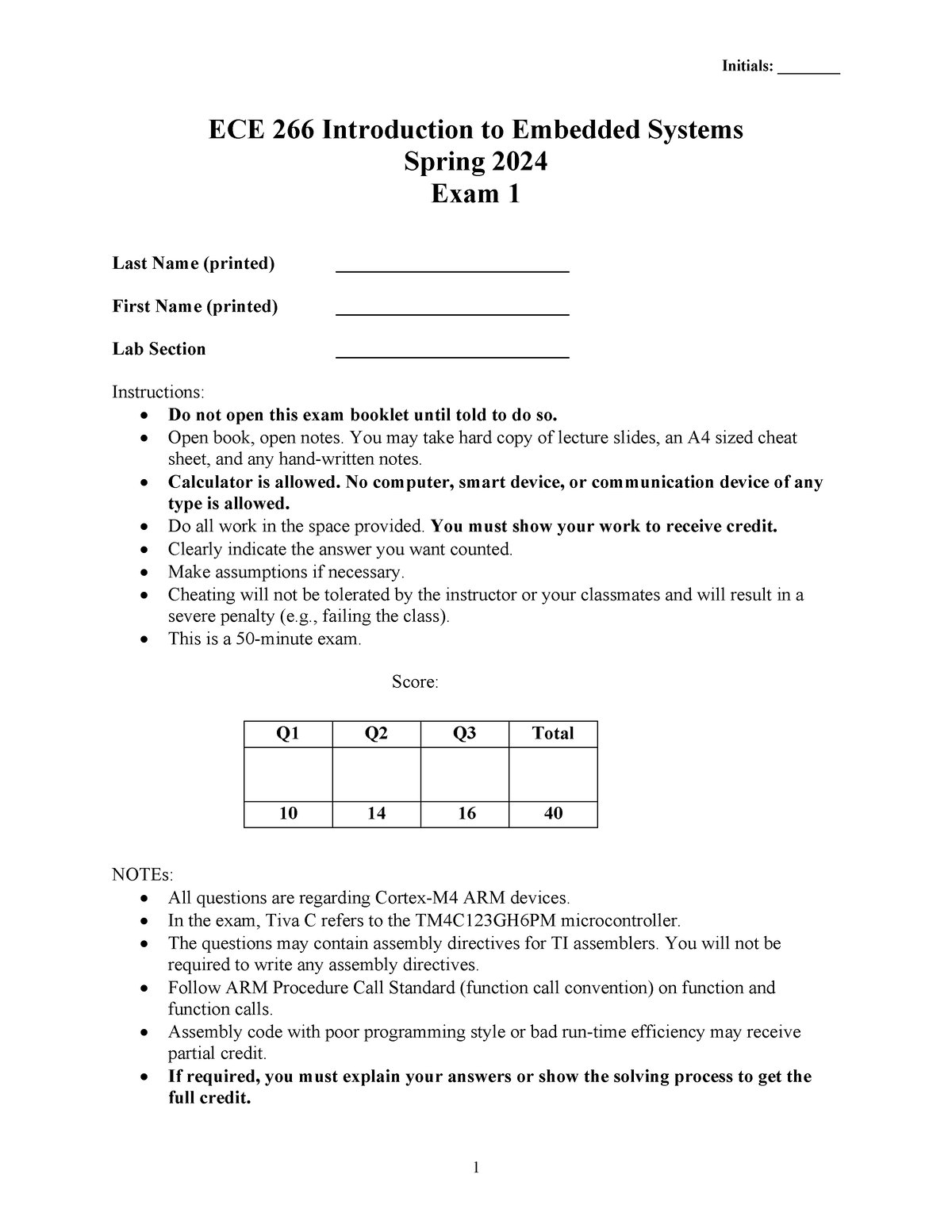 ECE266 Exam1 S24 Ver A Solutions - ECE 266 Introduction To Embedded ...