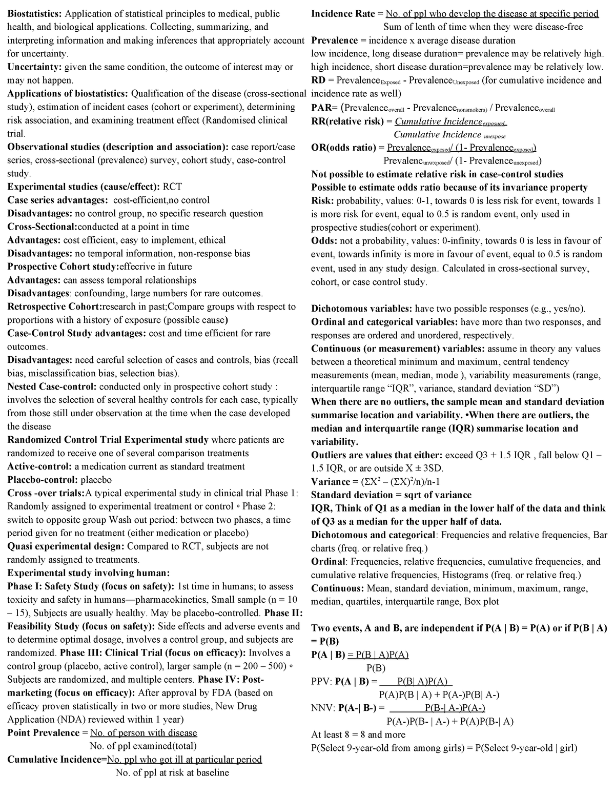 HLSC 2P07 Cheat Sheet - Summary Biostatistics I - Biostatistics ...