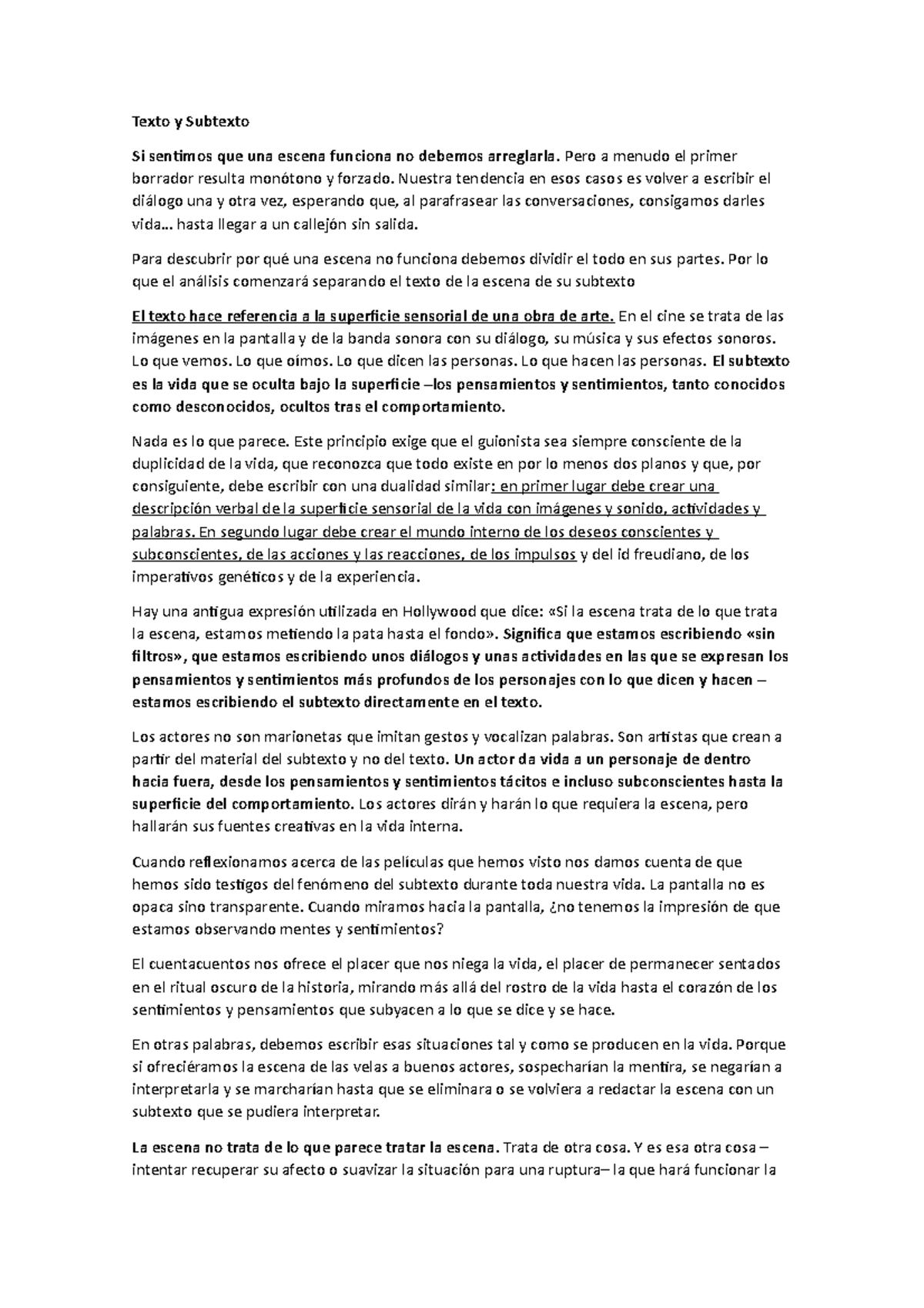 Principios del diseño narrativo - Texto y Subtexto Si sentimos que una ...