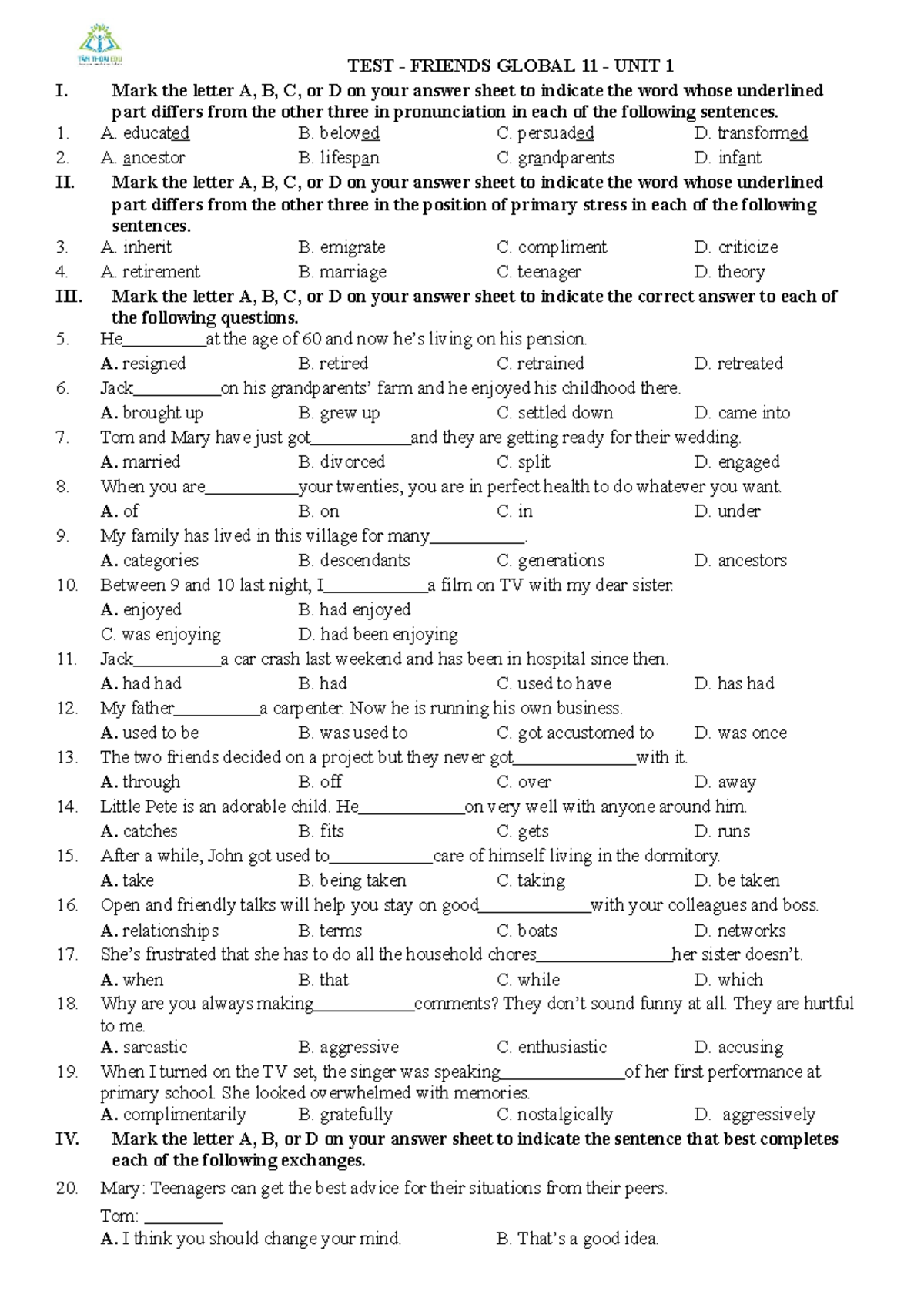 Tieng Anh 11 Friends Global Unit 1 Test 1 - TEST - FRIENDS GLOBAL 11 ...