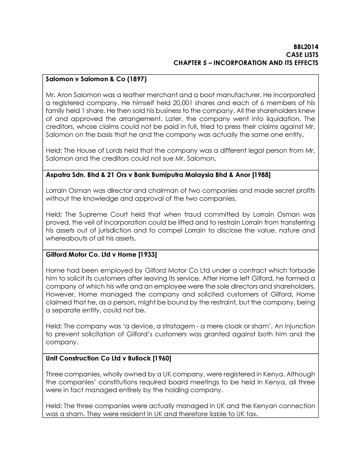 Case Lists 6 - Company Law - BBL CASE LISTS CHAPTER 5 – INCORPORATION ...