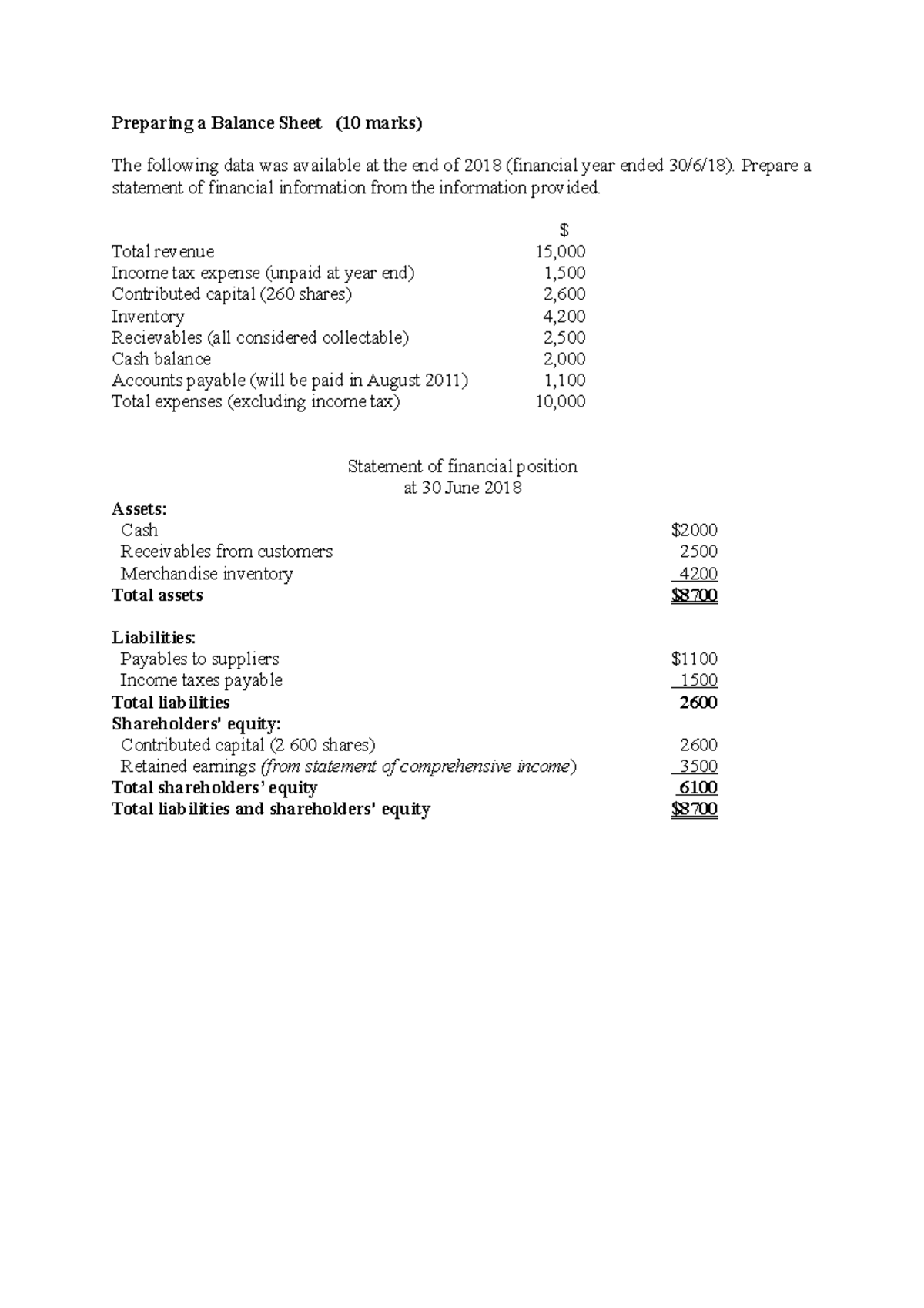 Sample/practice exam 2019, questions and answers - Preparing a Balance ...