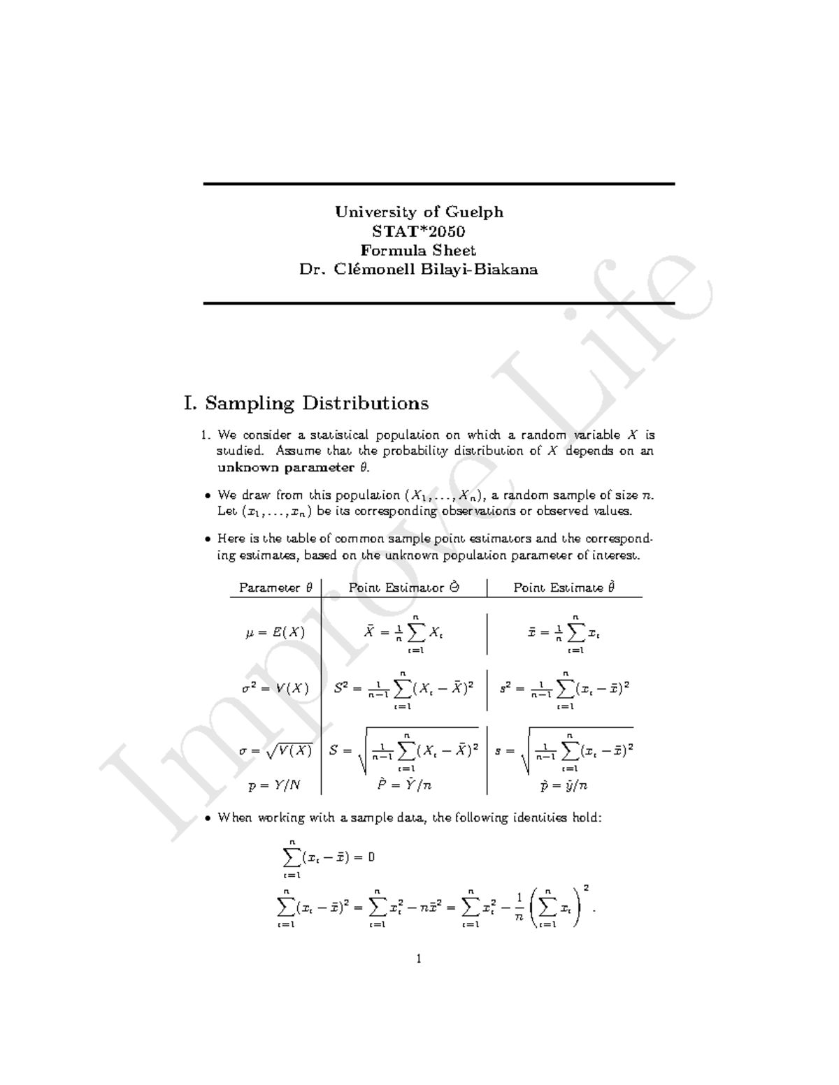 Formula Sheet 1W24 - Notes - Improve Life University of Guelph STAT ...