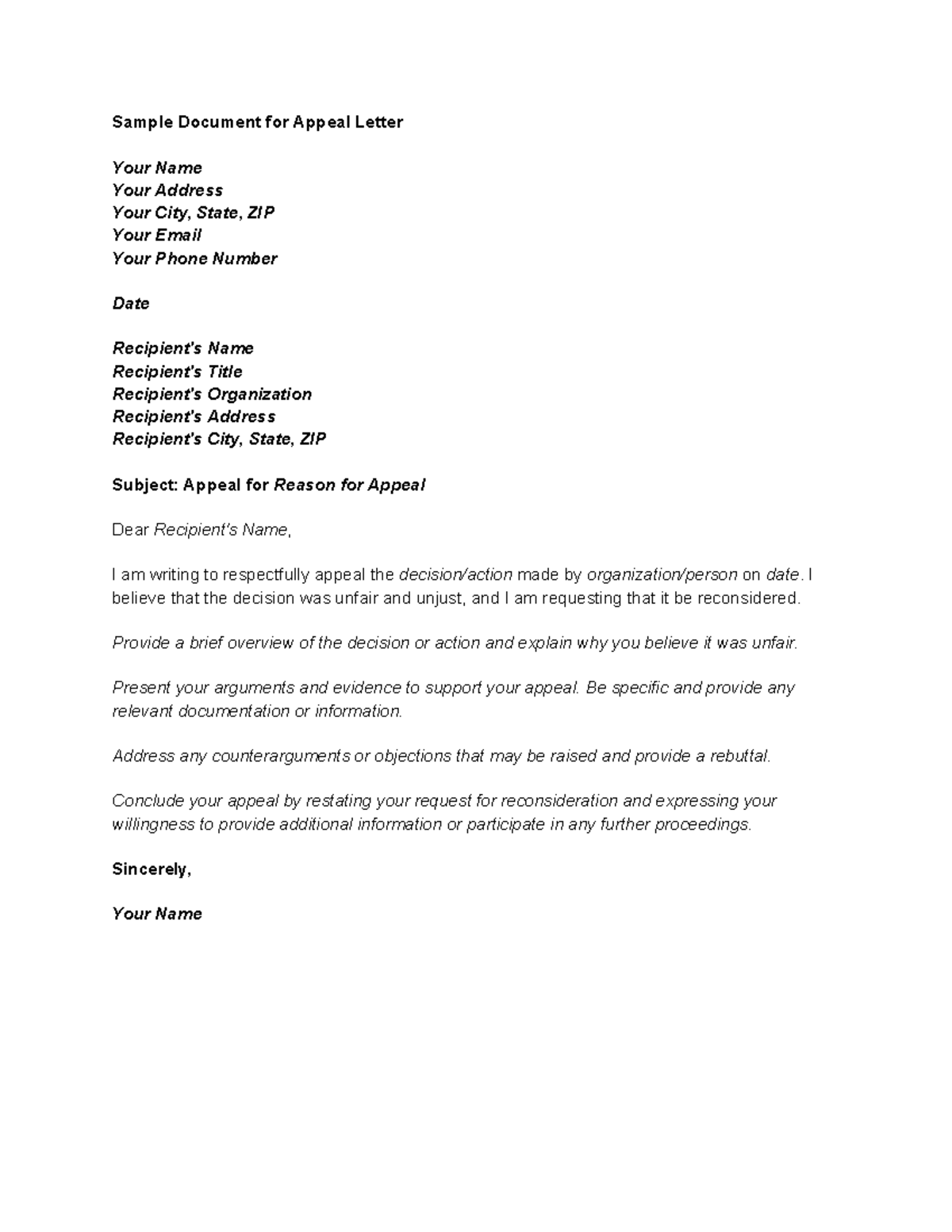 Sample Letter For Appeal (Business Side - Updated) - Sample Document ...