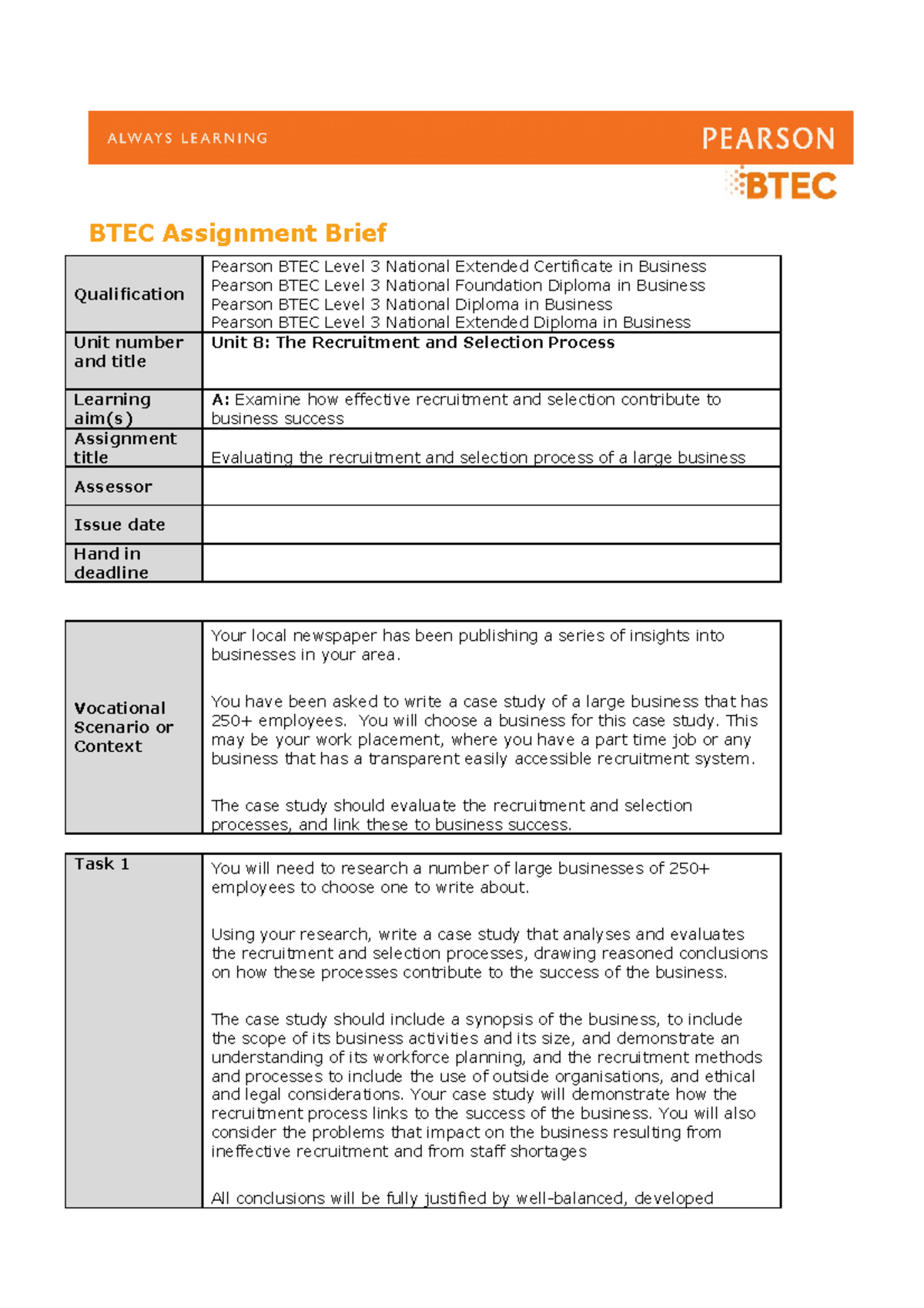 Assignment Brief 1 - Lecture notes 2-3 - BTEC Assignment Brief ...