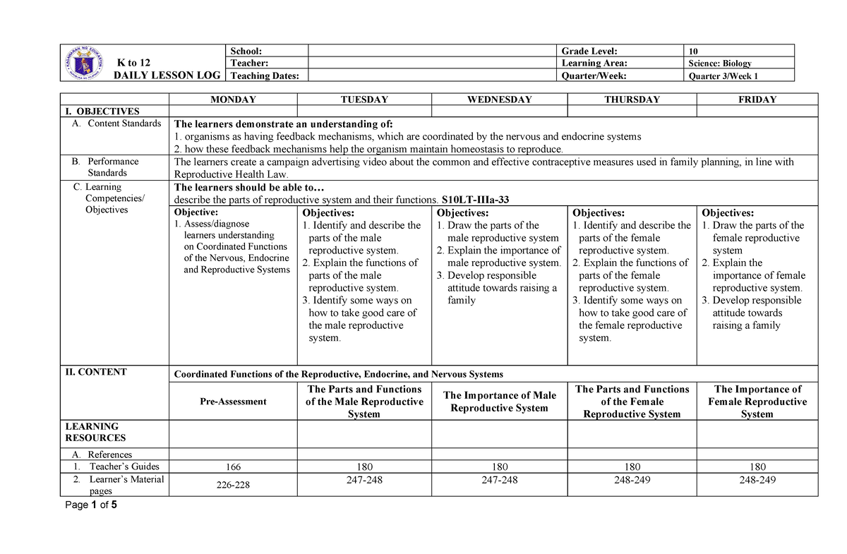 DLL Science Grade 10 Quarter 3 Week1 (Palawan Division) - K to 12 DAILY ...