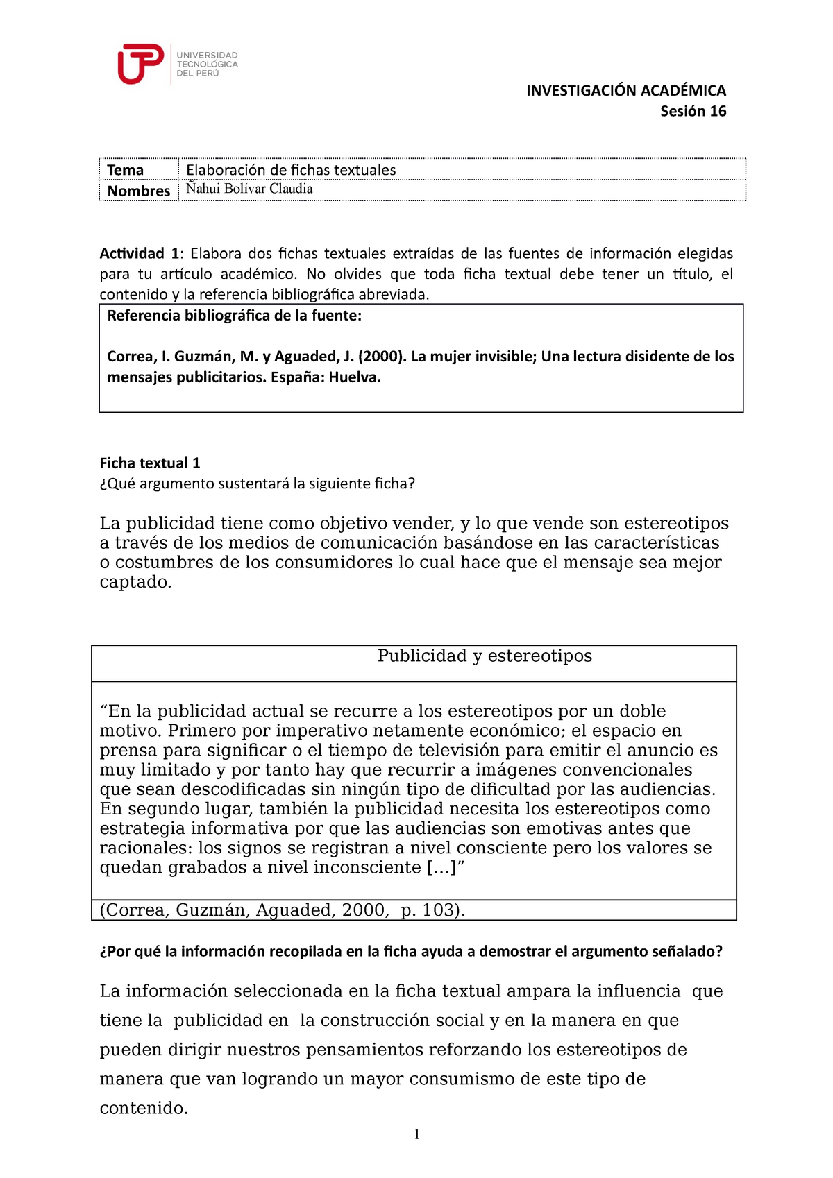 Ficha textual terminada - INVESTIGACIÓN ACADÉMICA Sesión 16 Tema  Elaboración de fichas textuales - Studocu