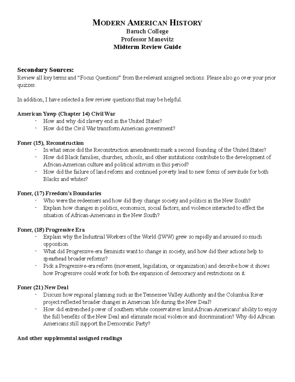 Midterm Review Guide - MODERN AMERICAN HISTORY Baruch College Professor ...
