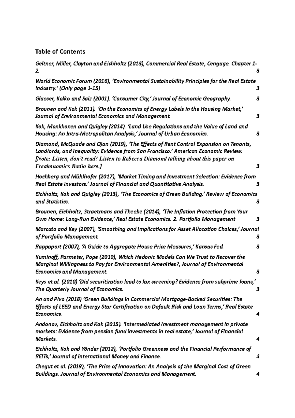 Summary Real Estate Finance Table of Contents Geltner, Miller