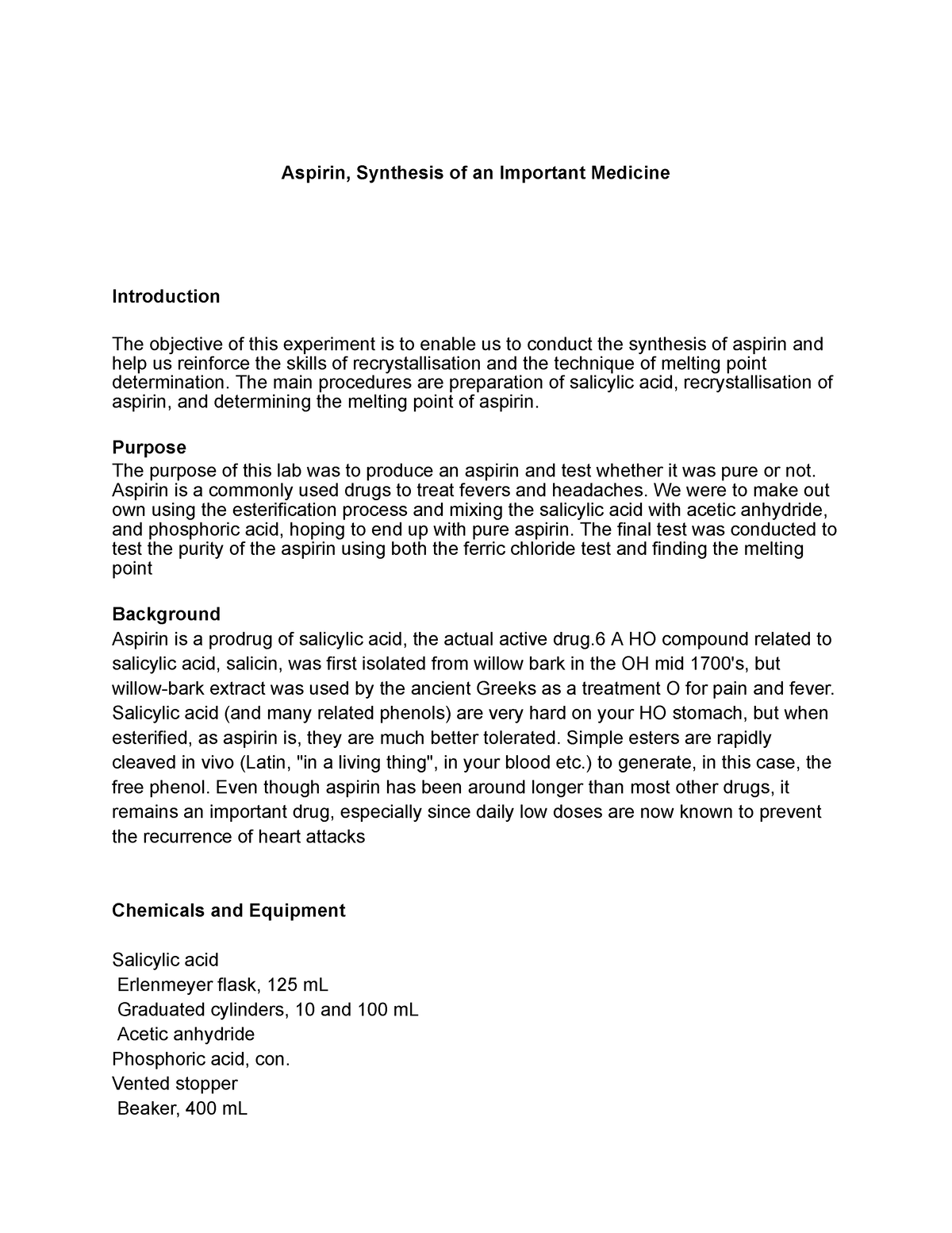 Aspirin, Synthesis of an Important Medicine - Google Docs - Aspirin ...