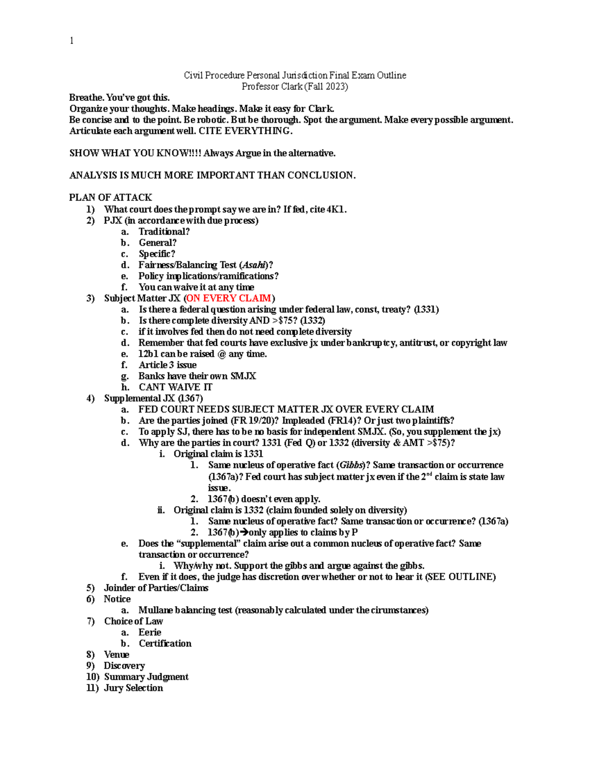 Civil Procedure Final Outline - Civil Procedure Personal Jurisdiction ...