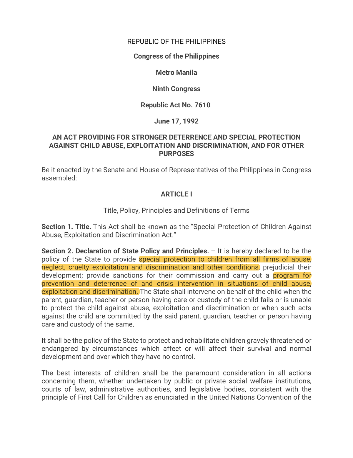 RA 7610 Special Protection of Children - REPUBLIC OF THE PHILIPPINES ...