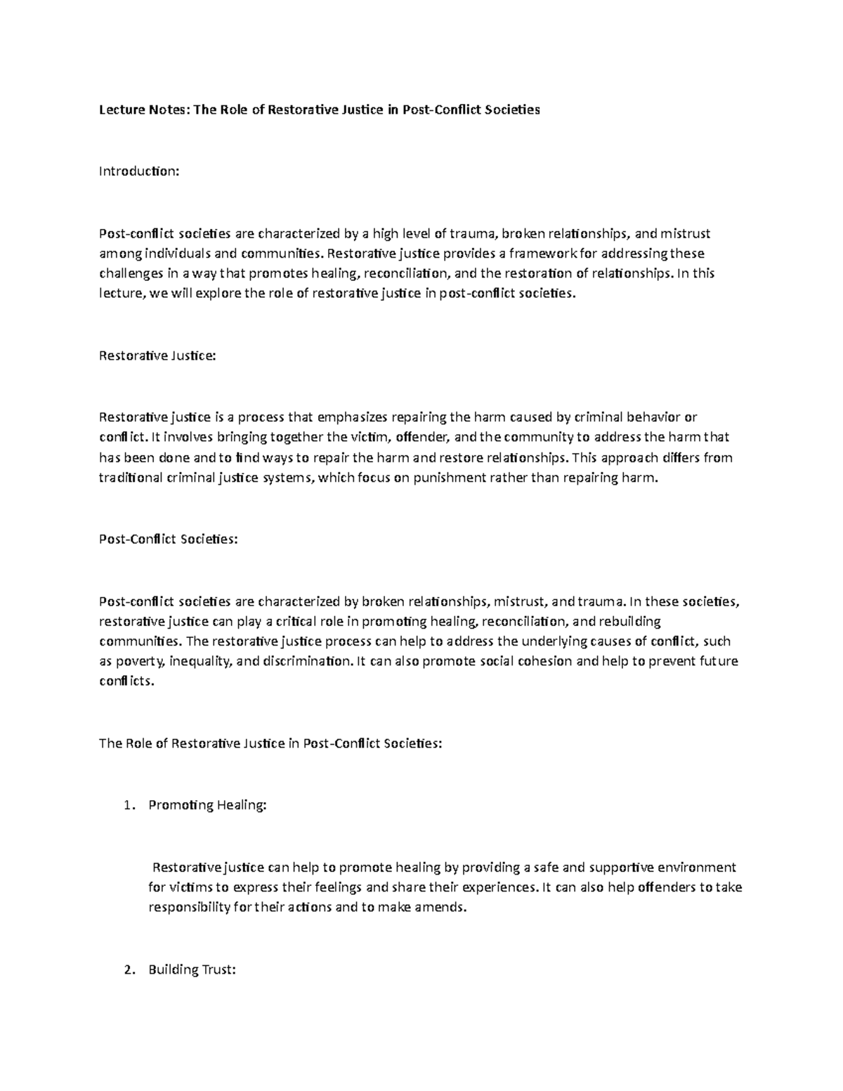 Lecture Notes: The Role of Restorative Justice in Post-Conflict ...