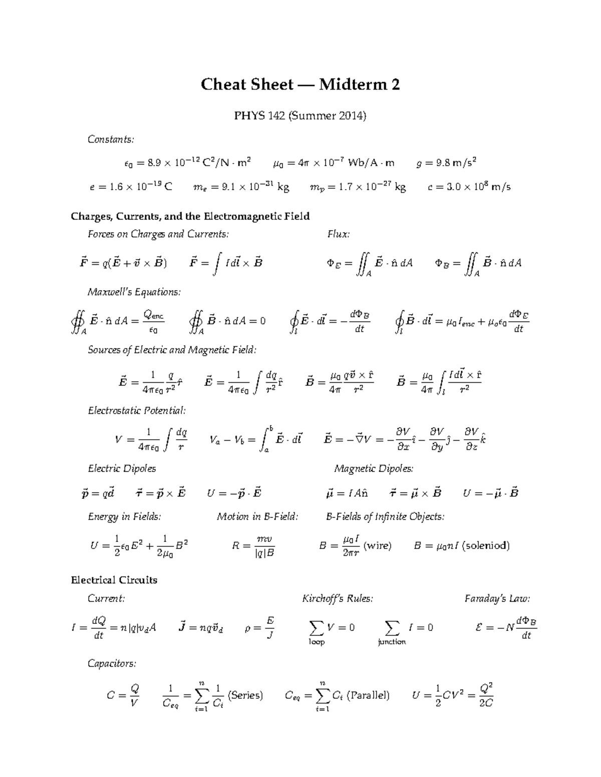 Spice Of Lyfe Physics 2 Formula Cheat Sheet 