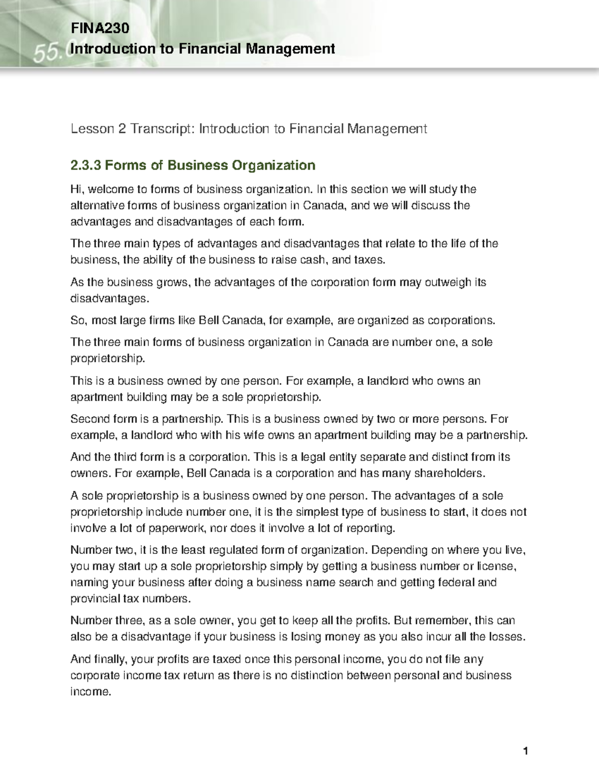 FINA230 Lesson 02 03 03 transcript - Introduction to Financial ...