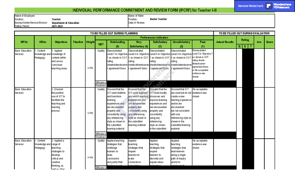 Ipcrf for T1 T3 SY 2021 2022 Blank - Name of Rater: Position: Date of ...