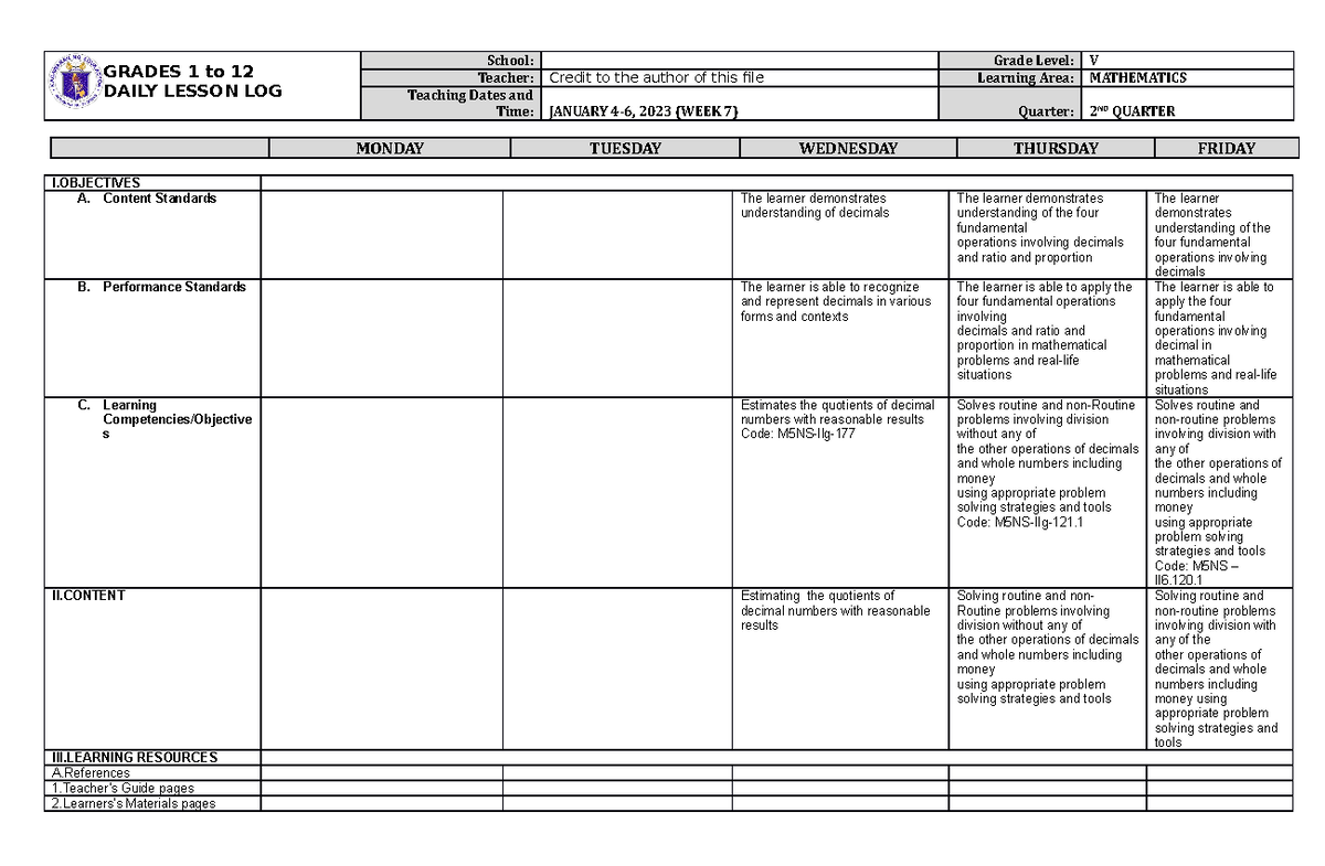 Dll Mathematics 5 Q2 W7 - Lesson Plan - Grades 1 To 12 Daily Lesson Log 