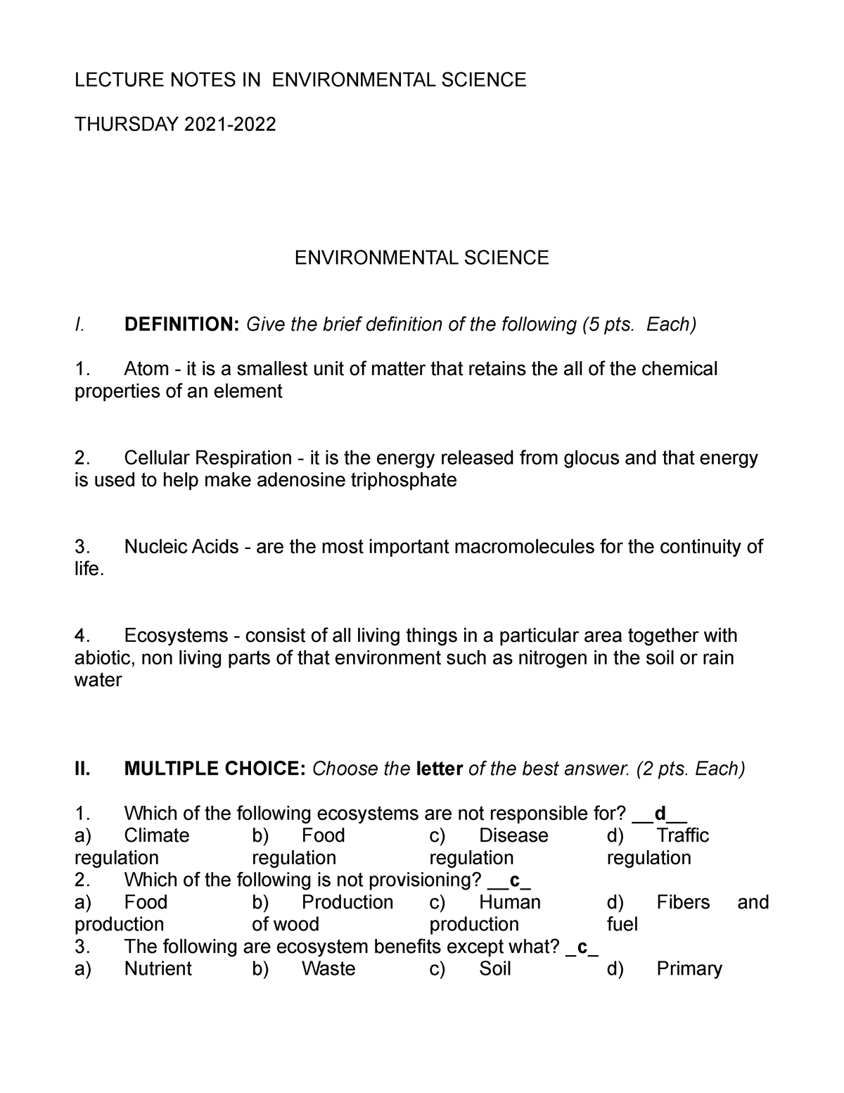 Environmental Science - LECTURE NOTES IN ENVIRONMENTAL SCIENCE THURSDAY ...