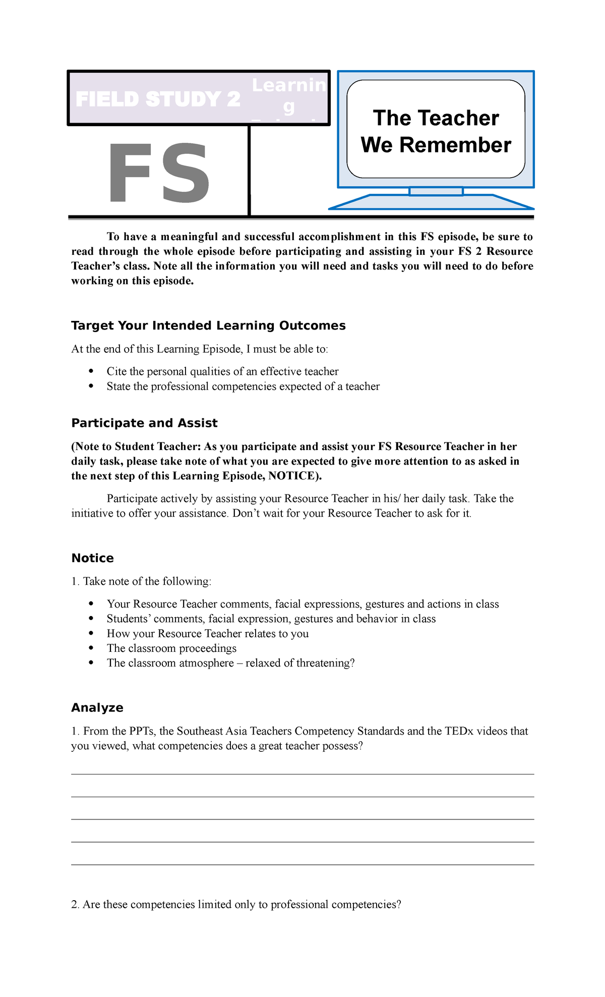 Field Study2 Template To have a meaningful and successful