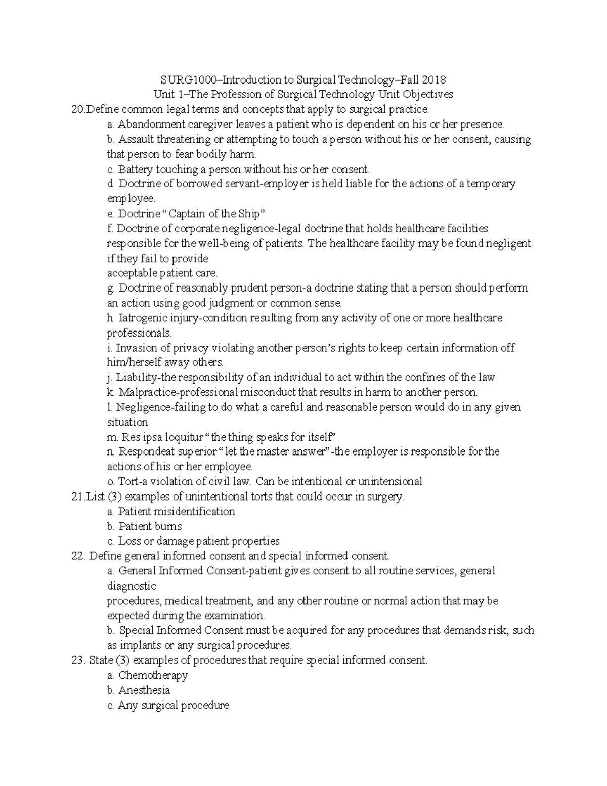 SURG 1000 Unit 1 Objectives 20-33 - SURG1000–Introduction to Surgical ...